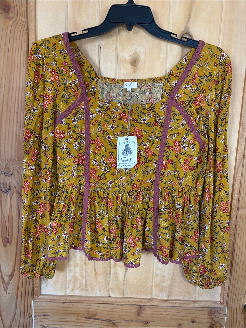 🆕 Easel Women’s Mustard Floral Square Neck Peasant Blouse with Embroidered Trim